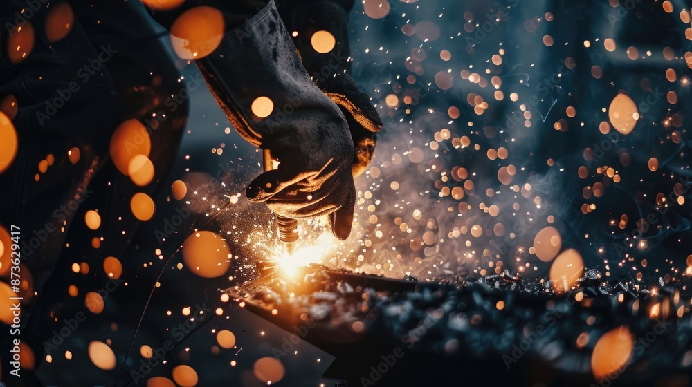 welder is welding metal , industry them bokeh and sparkle background welder is welding metal , industry them bokeh and sparkle background