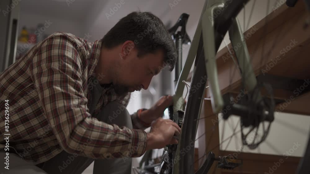 Young man installs bicycle accessory at home in studio apartment. Man sets up a bike at home. Male fixing bike at home gravel bike. Concept of fixing and preparing the bicycle for the new season Young man installs bicycle accessory at home in studio apartment. Man sets up a bike at home. Male fixing bike at home gravel bike. Concept of fixing and preparing the bicycle for the new season