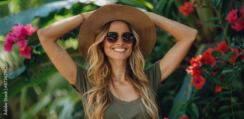 Smiling Woman in a Tropical Garden Wearing a Straw Hat