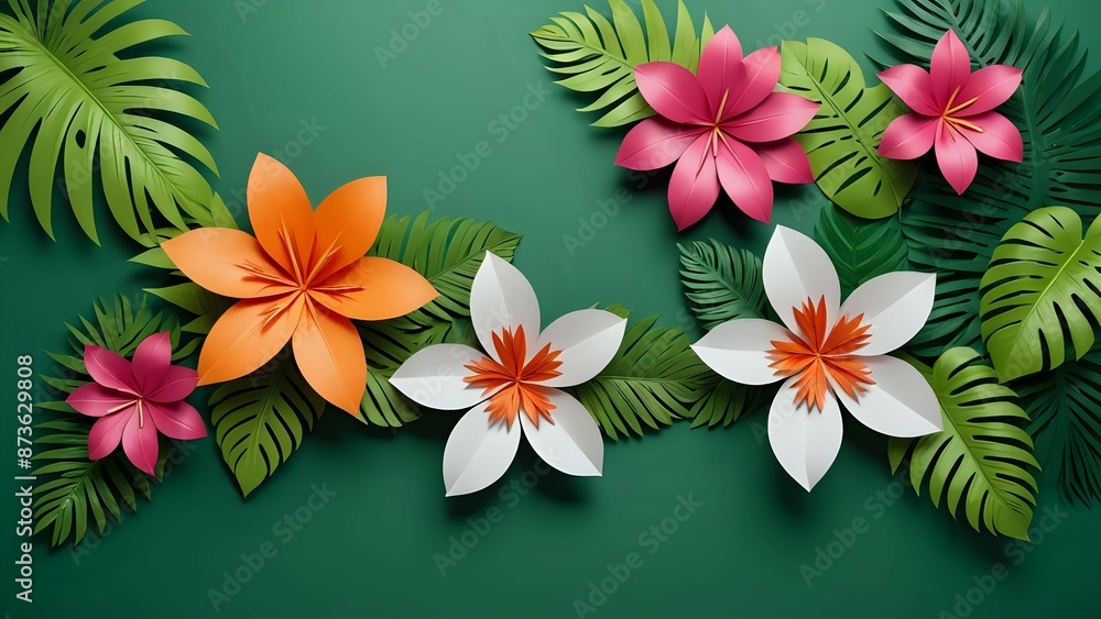 Obraz premium Tropical paper flowers and leaves on a green background.