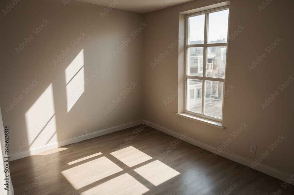 Fototapeta premium Room with hardwood floors in sunlight streams through large window with long shadows on walls