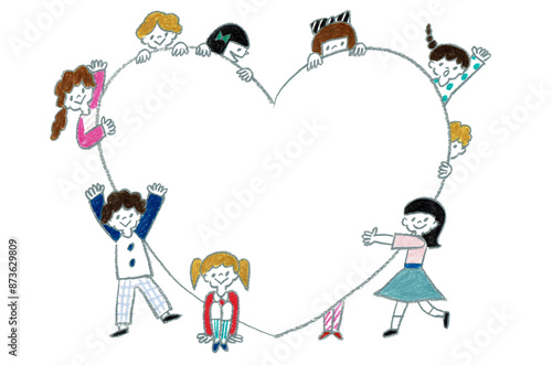 手描きイラスト　ハートのフレームと子供達