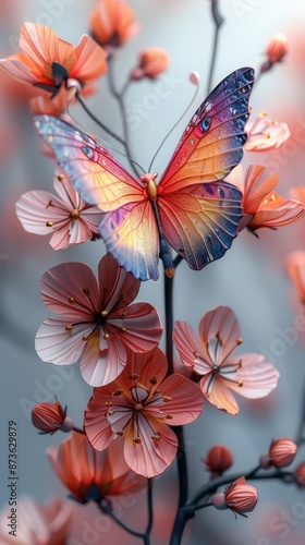 Exquisite craftsmanship: colorful butterfly and flower organic paper sculpture design, an illustration of dreamy romance, perfect for banner, capturing the beauty of nature in intricate detail.