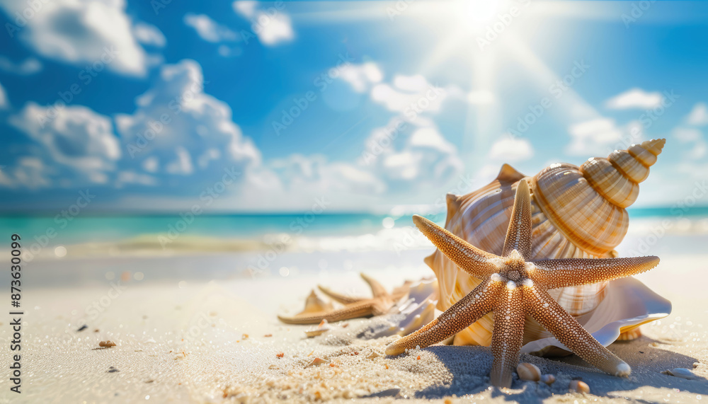 beautiful beach with conch shells and starfish, blue sky, sun shining, white sand, summer holiday