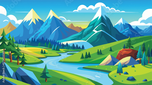 beautiful landscape of spring summer beautiful nature, green grasslands, forest, scenic blue lake, mountains on horizon background, mountain lake landscape vector illustration
