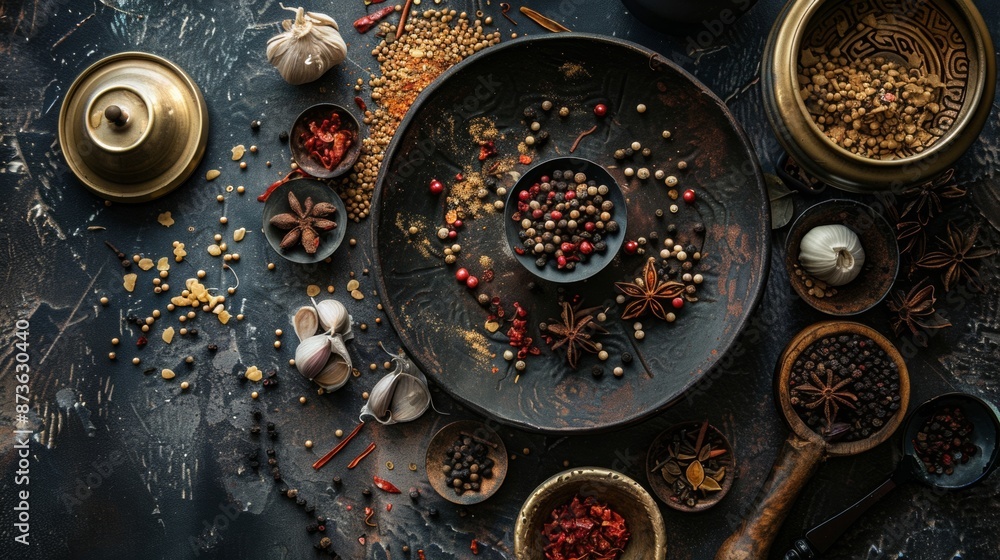Assorted spices and herbs on a rustic table Assorted spices and herbs on a rustic table