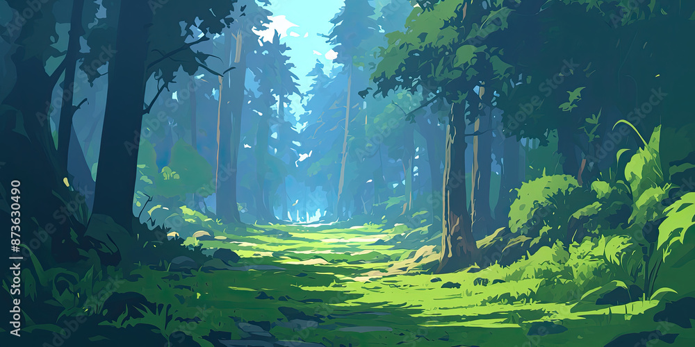 Fototapeta premium Anime cartoon style, woodland forest background banner, generated ai 
