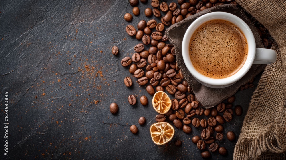 Coffee cup and beans on a dark textured background Coffee cup and beans on a dark textured background