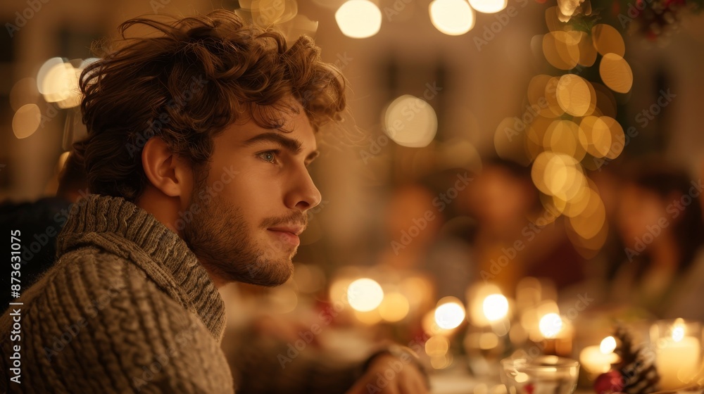 Single man, family gathering, feeling out of place, side angle, warm indoor lighting, festive decorations, social expectations, candid shot, soft focus., Single man, family gathering, feeling out of place, side angle, warm indoor lighting, festive decorations, social expectations, candid shot, soft focus.,
