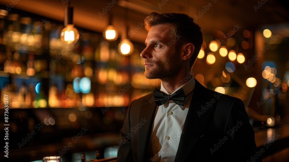 Fototapeta premium Single man, dressed up, waiting at bar, side angle shot, evening light, dating anticipation, vibrant nightlife, emotional undertones, high contrast.,
