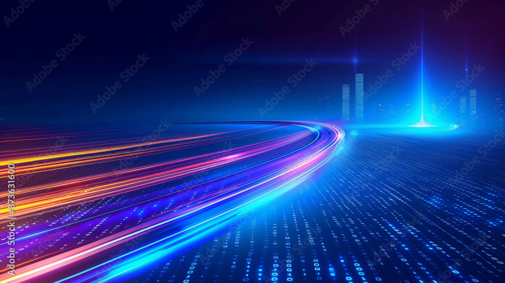 Abstract blue background with speed light effect and glowing road lines on dark night sky, motion blur, glowing lights on the horizon, minimalism Abstract blue background with speed light effect and glowing road lines on dark night sky, motion blur, glowing lights on the horizon, minimalism