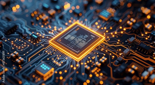 Close Up of a Microchip on a Circuit Board With Glowing Lights