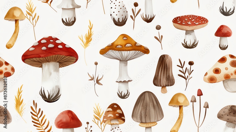 Seamless watercolor pattern featuring various whimsical mushrooms and botanical elements on a white background. Seamless watercolor pattern featuring various whimsical mushrooms and botanical elements on a white background.