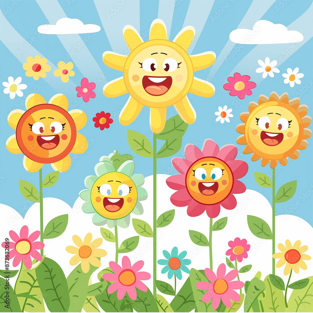 Naklejka premium Smiling cartoon flowers under a sunny sky, exuding happiness and positivity in a cheerful and colorful outdoor garden setting