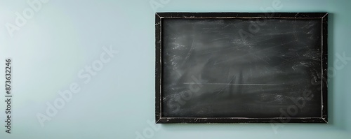 A black chalkboard, empty and slightly worn, hanging on a light blue wall. The chalkboard's texture is subtly illuminated, creating a serene, nostalgic feel.