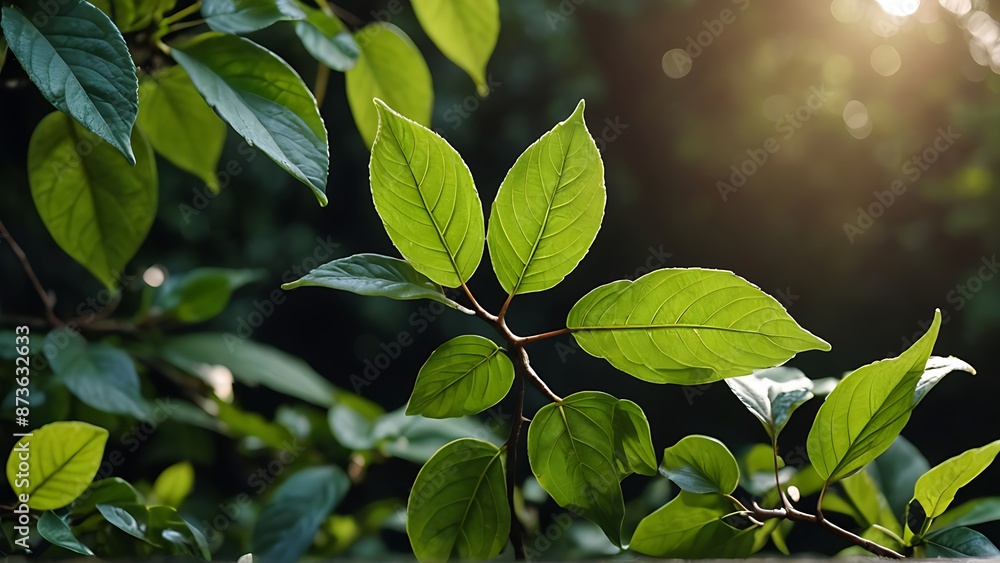 Close-up of a green leafy branch with sunlight filtering through the foliage in the background. Close-up of a green leafy branch with sunlight filtering through the foliage in the background.