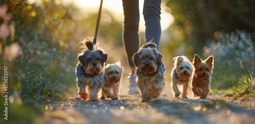 Person Walking Four Small Dogs on Trail in Autumn