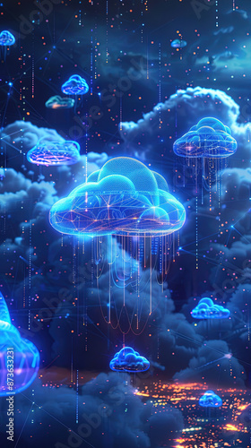 A cloud technology with isometric icons on circuit board. Abstract futuristic digital network connection. Network connection for internet of things or data center design. Circuit board pattern.