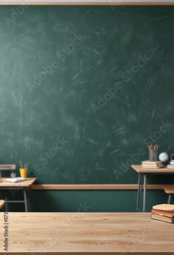 empty table top with classroom chalkboard copy space