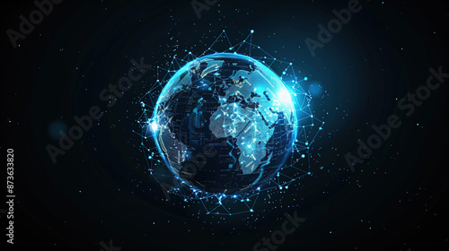 Futuristic network technology background. Abstract blue digital earth with a global network and connectivity. Technology business data. Circuit board pattern on black background. Copy space area 