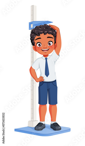 Little Indian boy measuring his height with a stadiometer. Cartoon vector illustration.