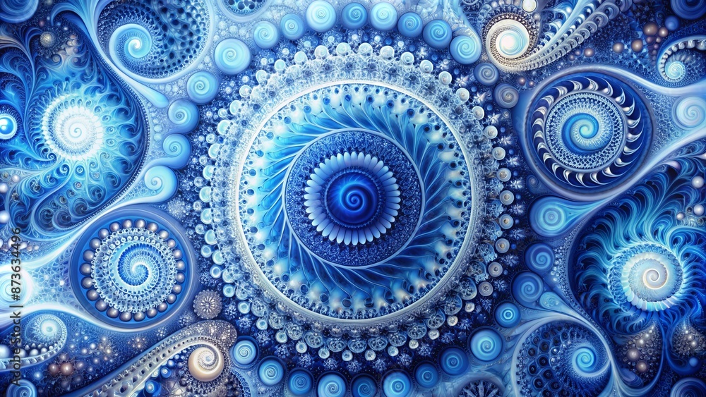 Vibrant blue and white abstract artwork featuring intricate circular patterns and swirling shapes on a dynamic textured background. Vibrant blue and white abstract artwork featuring intricate circular patterns and swirling shapes on a dynamic textured background.