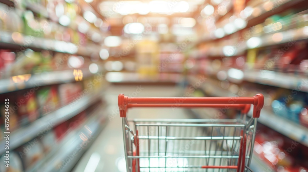 Shopping cart in a grocery store aisle Shopping cart in a grocery store aisle