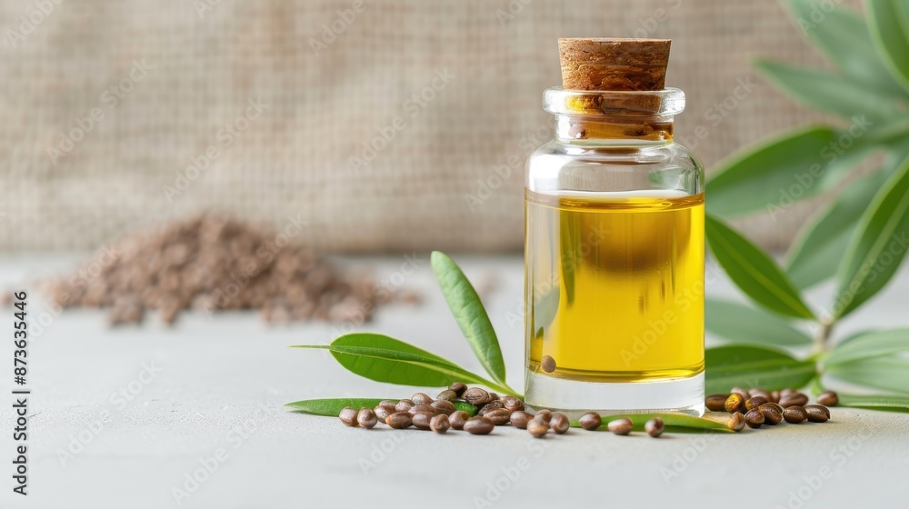 Jojoba Oil in a minimalist glass bottle, with jojoba seeds and leaves, set against a textured natural backdrop, photorealistic and premium Jojoba Oil in a minimalist glass bottle, with jojoba seeds and leaves, set against a textured natural backdrop, photorealistic and premium