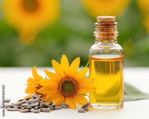 Sunflower Oil in a sleek bottle, with sunflower petals and seeds, set against a bright, sunny field backdrop, photorealistic and premium