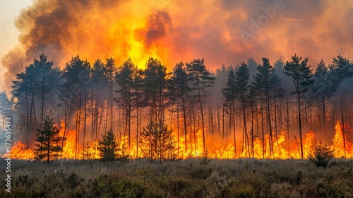 A forest engulfed in flames and very dangerous. 