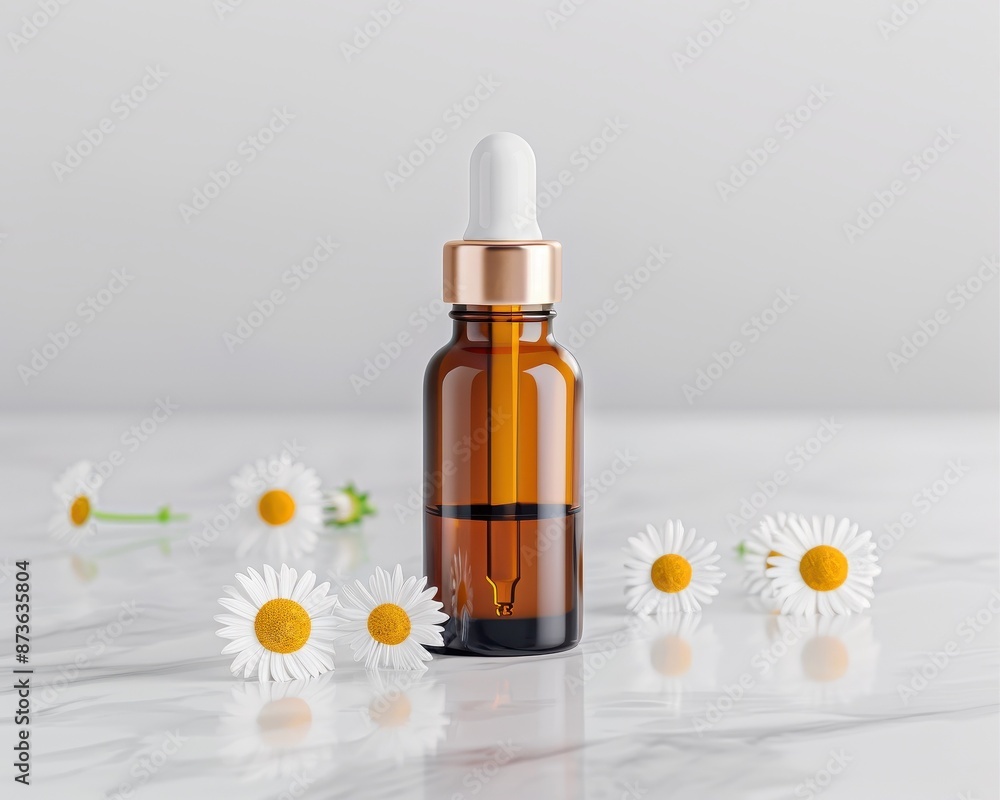 Chamomile Extract in a sleek dropper bottle, with chamomile flowers scattered around, set on a marble surface, premium and photorealistic Chamomile Extract in a sleek dropper bottle, with chamomile flowers scattered around, set on a marble surface, premium and photorealistic