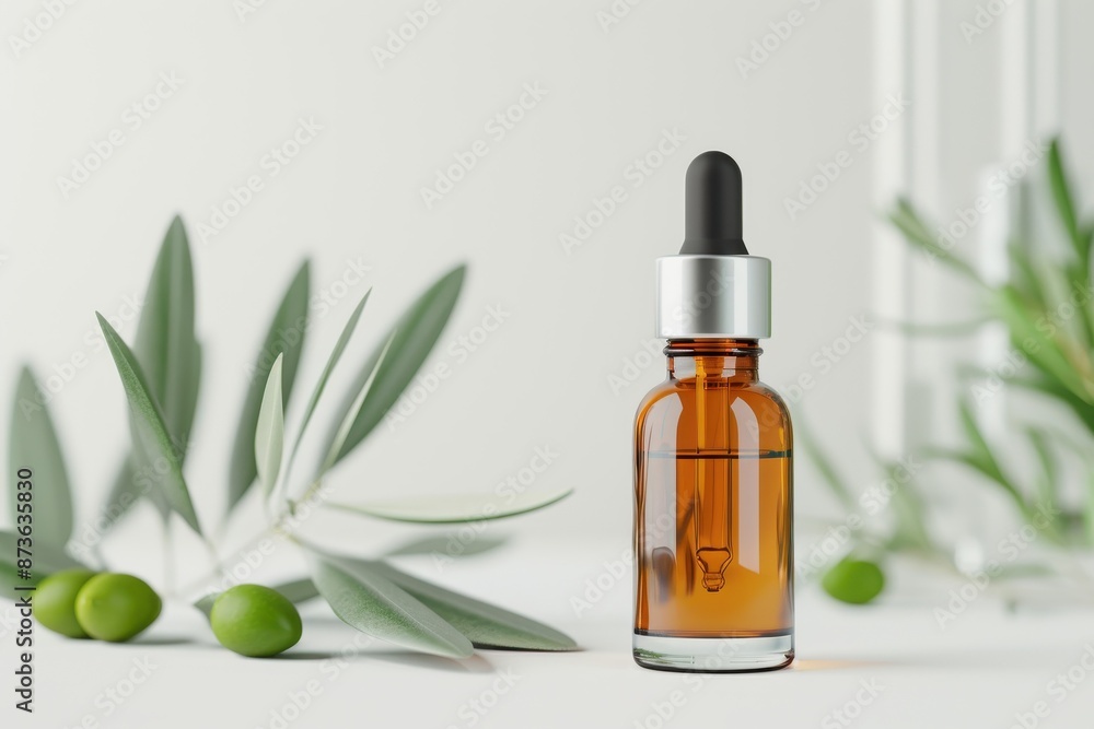 Squalane in a refined dropper bottle, with olive leaves and a scientific backdrop, photorealistic and premium Squalane in a refined dropper bottle, with olive leaves and a scientific backdrop, photorealistic and premium