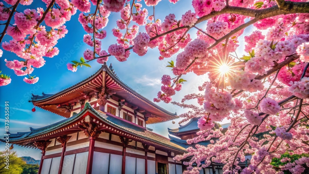 Vibrant pink cherry blossoms frame serene Tokyo streets, delicate petals unfolding against soft blue skies and traditional Japanese architecture. Vibrant pink cherry blossoms frame serene Tokyo streets, delicate petals unfolding against soft blue skies and traditional Japanese architecture.