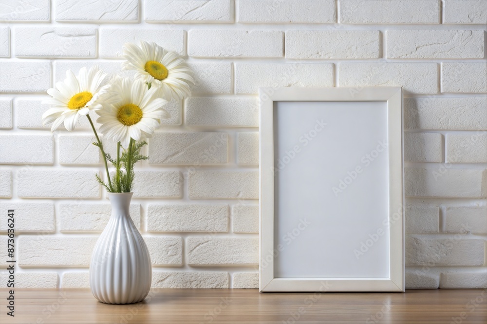 White landscape frame mockup with daisy flower in styled vase near painted brick wall. Empty frame mock up for presentation design. Template framing for modern art. White landscape frame mockup with daisy flower in styled vase near painted brick wall. Empty frame mock up for presentation design. Template framing for modern art.