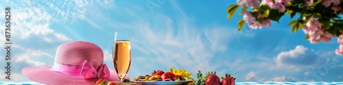 Elegant summer picnic with blue sky and pink sun hat, perfect for adding text
