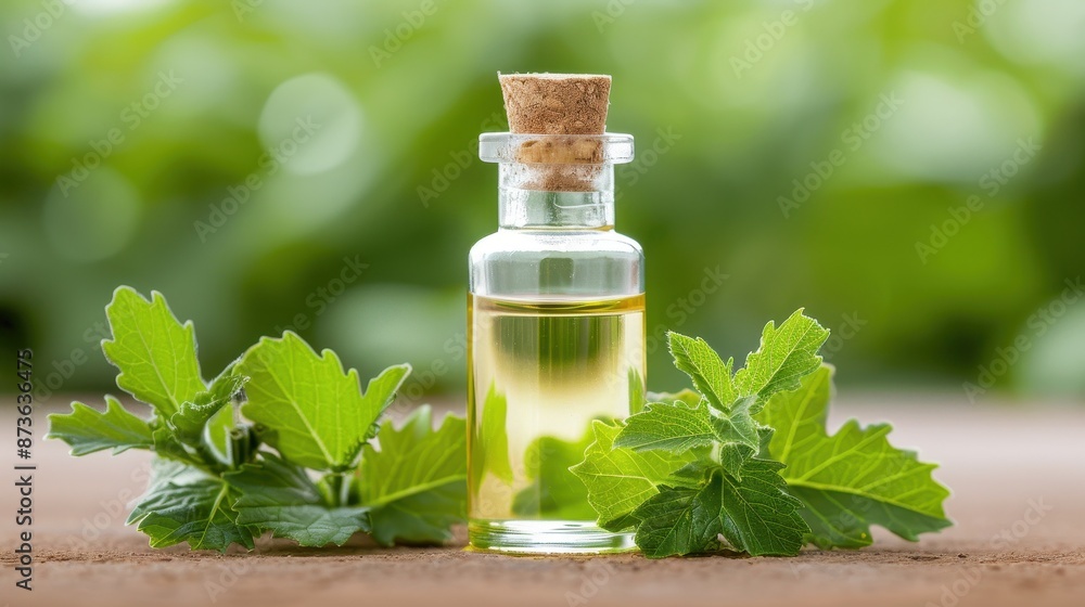 Patchouli Oil in an elegant bottle, with patchouli leaves, set against a rich, earthy backdrop, photorealistic and natural beauty Patchouli Oil in an elegant bottle, with patchouli leaves, set against a rich, earthy backdrop, photorealistic and natural beauty