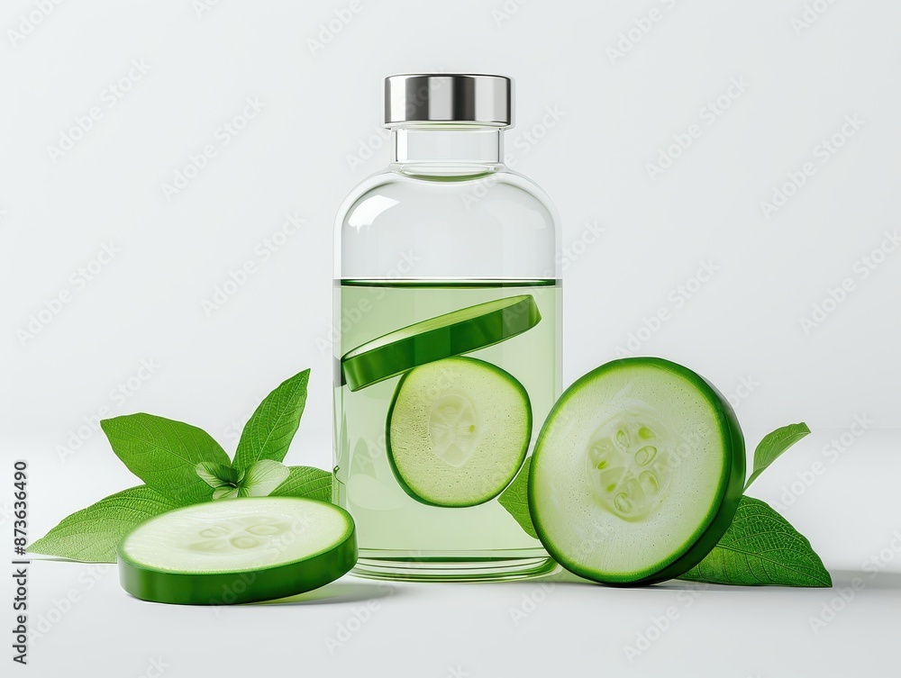 Cucumber Extract in a sleek glass container, with cucumber slices and leaves, on a fresh, cool background, photorealistic and premium Cucumber Extract in a sleek glass container, with cucumber slices and leaves, on a fresh, cool background, photorealistic and premium