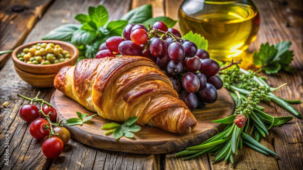 Golden flaky croissant surrounded by fresh Mediterranean ingredients, juicy grapes, crispy bread, and aromatic herbs on a rustic wooden table. Golden flaky croissant surrounded by fresh Mediterranean ingredients, juicy grapes, crispy bread, and aromatic herbs on a rustic wooden table.