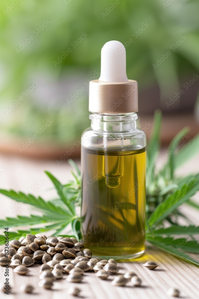 Hemp Seed Oil in a sleek bottle, with hemp seeds and leaves, on a rustic wooden table, photorealistic and natural beauty Hemp Seed Oil in a sleek bottle, with hemp seeds and leaves, on a rustic wooden table, photorealistic and natural beauty