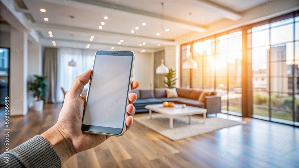 Blurred room background with focus on empty hands holding modern smartphone at chest level, indicating potential digital connection. Blurred room background with focus on empty hands holding modern smartphone at chest level, indicating potential digital connection.
