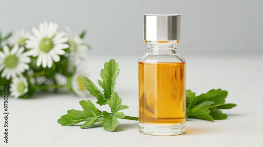 Comfrey Extract in a luxurious bottle, with comfrey leaves and flowers, on a clean white surface, photorealistic and premium Comfrey Extract in a luxurious bottle, with comfrey leaves and flowers, on a clean white surface, photorealistic and premium