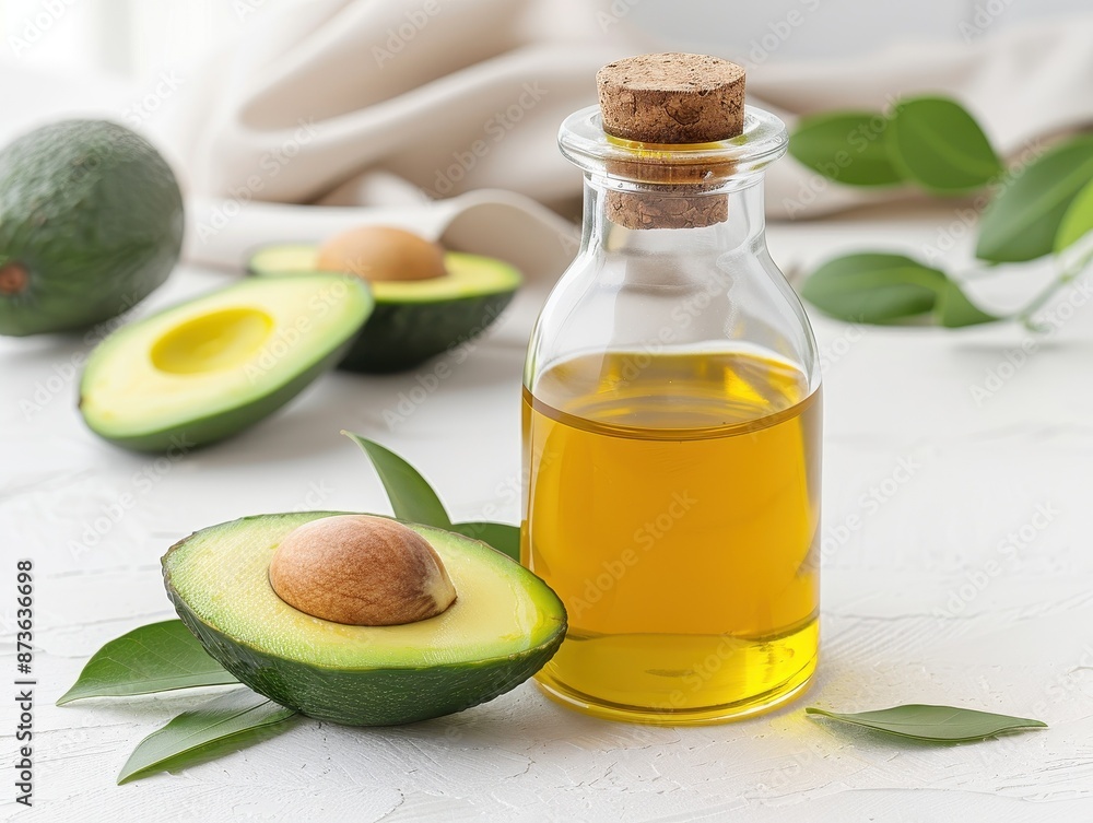 Avocado Oil in a luxurious bottle, with avocado slices and leaves, set on a kitchen counter, photorealistic and natural beauty Avocado Oil in a luxurious bottle, with avocado slices and leaves, set on a kitchen counter, photorealistic and natural beauty