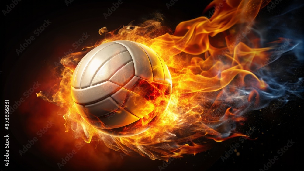 Fiery flames engulf a volleyball, suspended in mid-air, against a dark, ominous black background, evoking intensity and passion. Fiery flames engulf a volleyball, suspended in mid-air, against a dark, ominous black background, evoking intensity and passion.