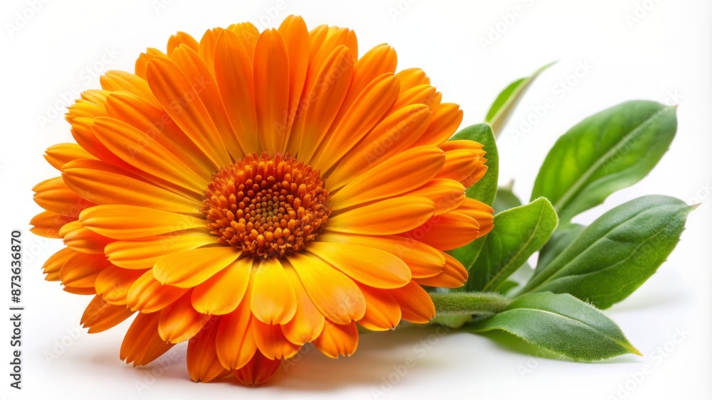 Vibrant orange petals and delicate green leaves of isolated Calendula officinalis flower on crisp white background, showcasing its intricate details. Vibrant orange petals and delicate green leaves of isolated Calendula officinalis flower on crisp white background, showcasing its intricate details.