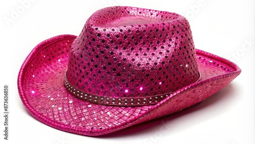 Vibrant pink cowboy hat adorned with sparkly glitter, perfectly centered, solo, against a crisp, pure white background, evoking country charm.