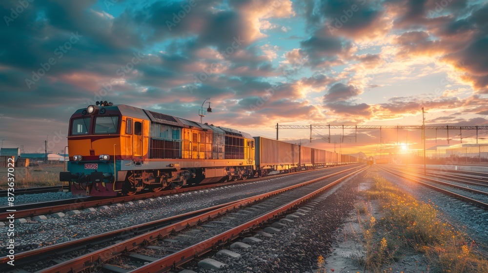 Freight train traveling through a scenic landscape at sunset. The train is carrying cargo containers, while the sun sets over the horizon, casting a warm glow on the scene. Freight train traveling through a scenic landscape at sunset. The train is carrying cargo containers, while the sun sets over the horizon, casting a warm glow on the scene.