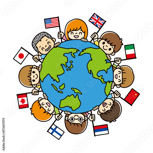 地球から顔を出して国旗を振っている世界の子供たちのかわいいイラスト