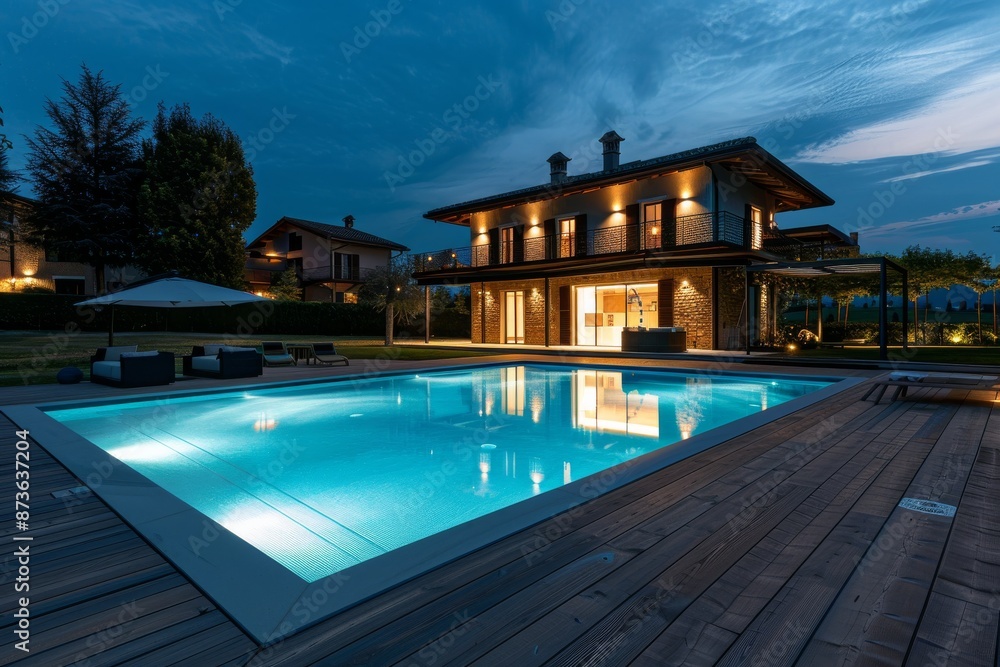 Swimming pool in luxury villa at night. Luxury villa with swimming pool and deck. Swimming pool in luxury villa at night. Luxury villa with swimming pool and deck.
