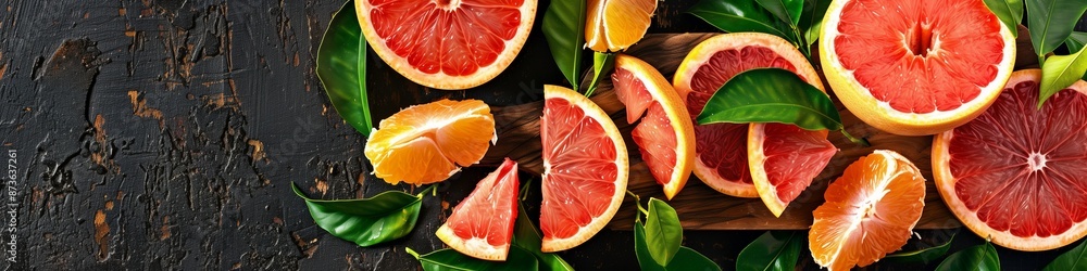 Idyllic citrus fruits arrangement with pink grapefruit segments and green leaves on a wooden board, large area for text Idyllic citrus fruits arrangement with pink grapefruit segments and green leaves on a wooden board, large area for text