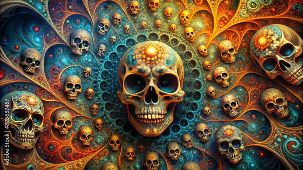 Eerie intricate fractal pattern with swirling colors and numerous scattered skulls creating a mesmerizing abstract apocalyptic digital artwork backdrop. Eerie intricate fractal pattern with swirling colors and numerous scattered skulls creating a mesmerizing abstract apocalyptic digital artwork backdrop.